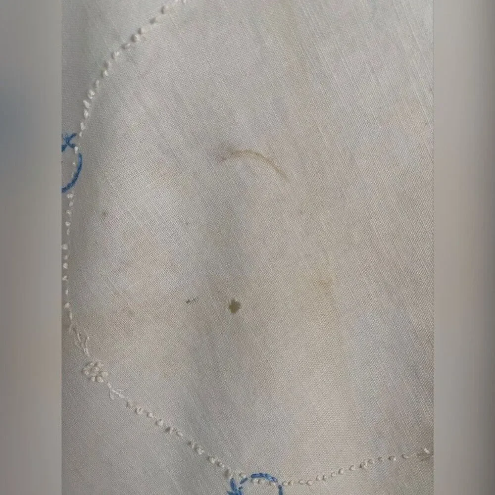Vintage Tablecloth Small White Linen Embroidered Floral Basket 18” *Read*
